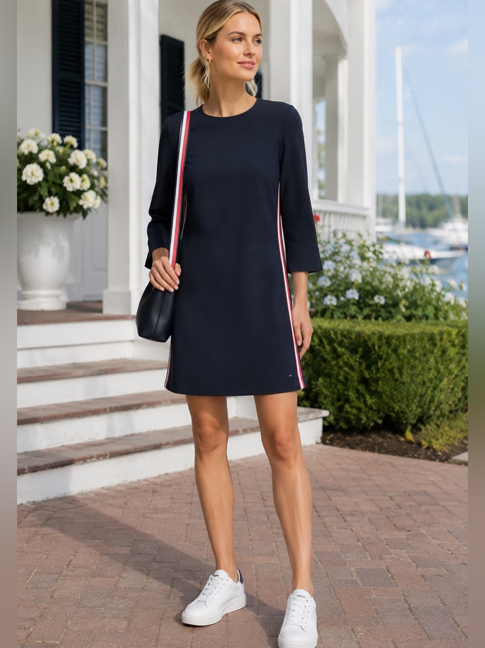 TOMMY HILFIGER NAVY LOGO STRIPED SHIFT DRESS SZ S